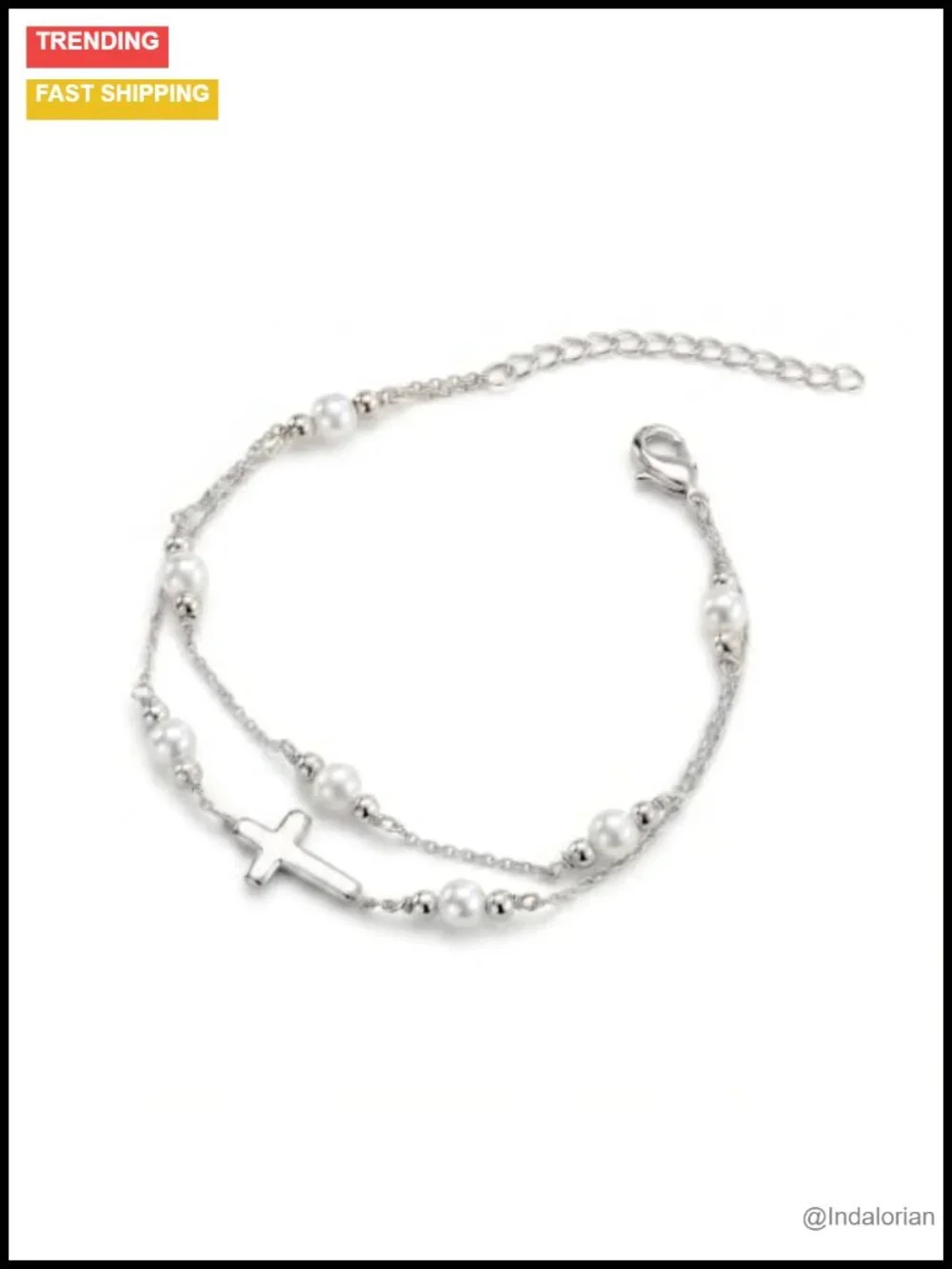 18K Gold Plated Pearl Cross Bracelet Women Adjustable Dainty Stackable